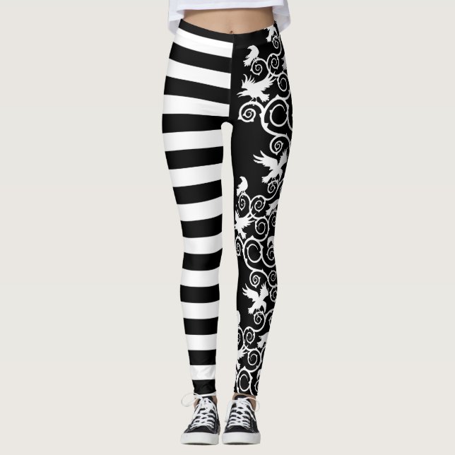 Witchy Stripe Gothic Ravens and Thorns Leggings (Framsida)