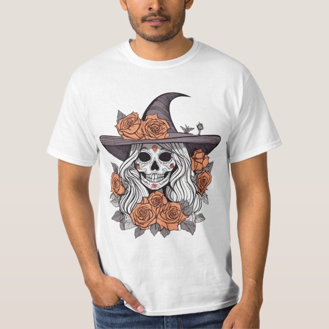 Witchy Sugar Skull med Ro T Shirt (Framsida)