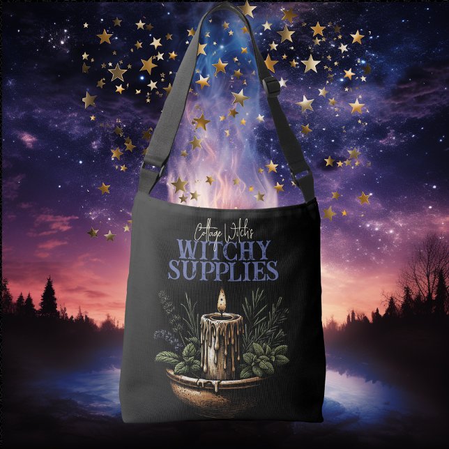 Witchy Supplies Black Candle Måne Crossbody Tote Axelväska (witchy witch goth crossbody bag tote bag candle magick spell crescent moon black pagan symbols )