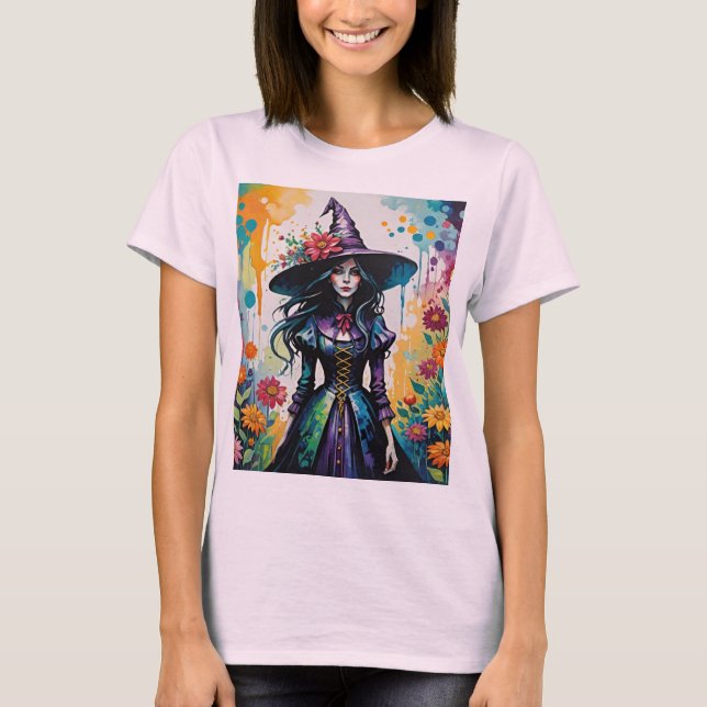 Witchy Surreal Blommigt Halloween Witch T Shirt (Framsida)
