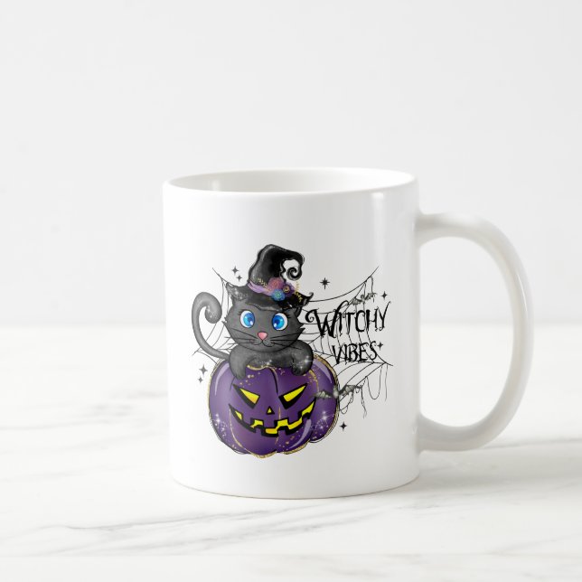 Witchy Vibes - Black Cat on Lila Jack-O-Lantern Kaffemugg (Höger)
