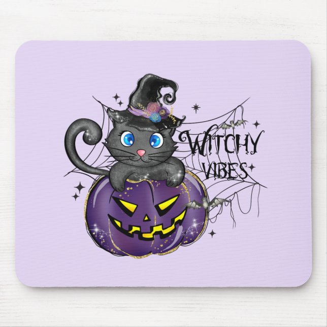 Witchy Vibes - Black Cat on Lila Jack-O-Lantern Musmatta (Framsidan)