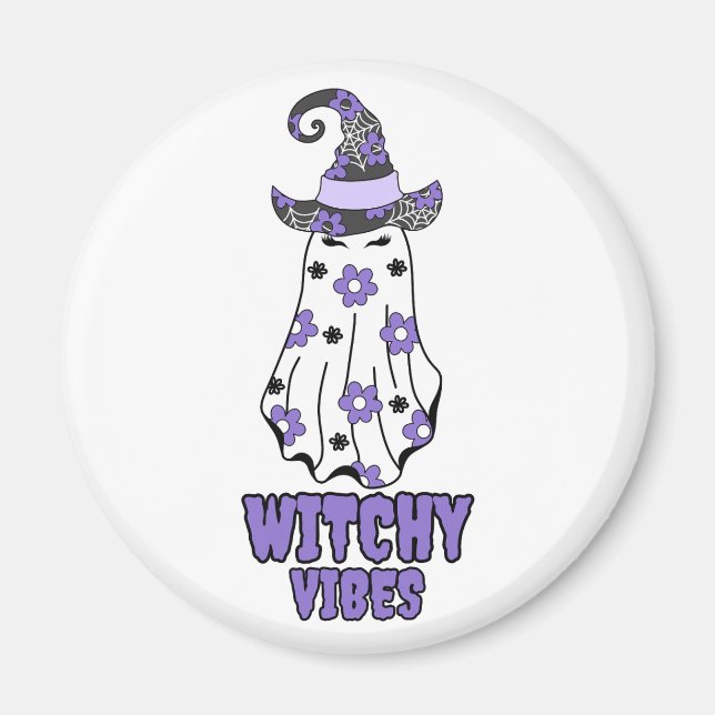 "Witchy Vibes" Halloween Witch Ghost Lila Magnet (Framsidan)