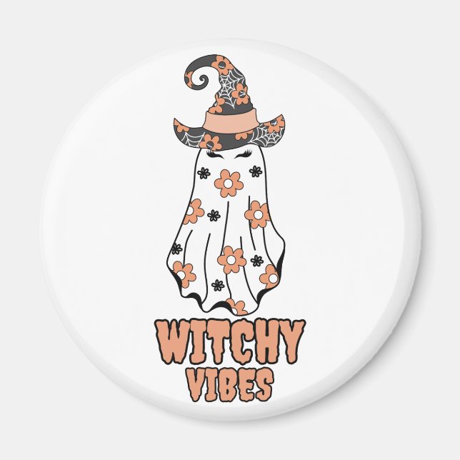 "Witchy Vibes" Halloween Witch Ghost Orange Magnet (Framsidan)