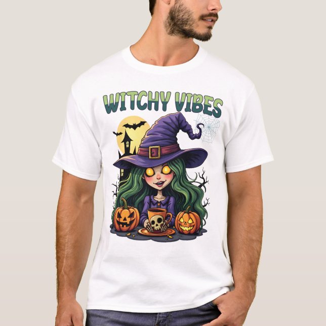 Witchy Vibes med Pumpkins and Potion T Shirt (Framsida)