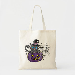 Witchy Vibes WItch Black Cat and Jack-O-Lantern Tygkasse