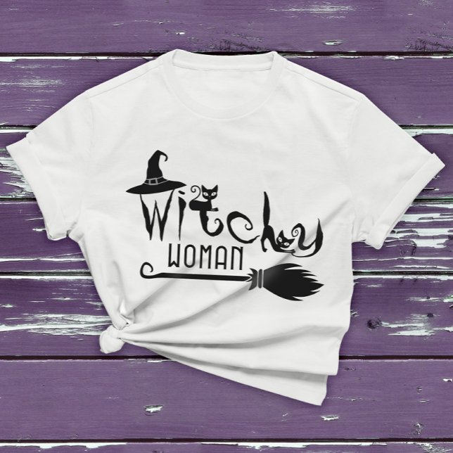 Witchy Woman Black Cat Halloween Witch Graphic Tee (Skapare uppladdad)