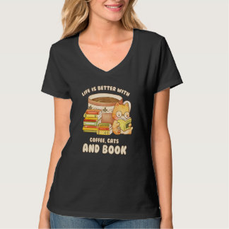 With Books Cats And Coffee T Shirt