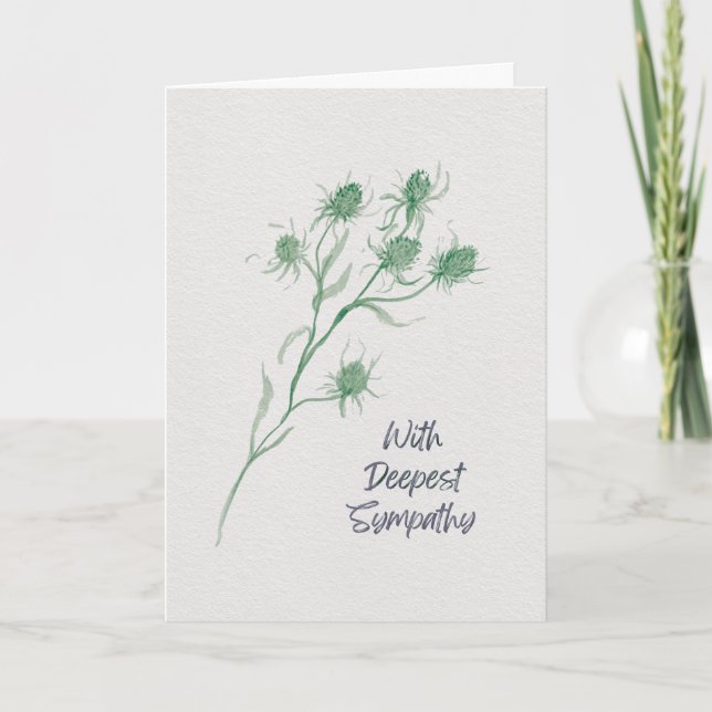 With Deepest Sympathy – Green Thistle Watercolor Kort (Framsida)
