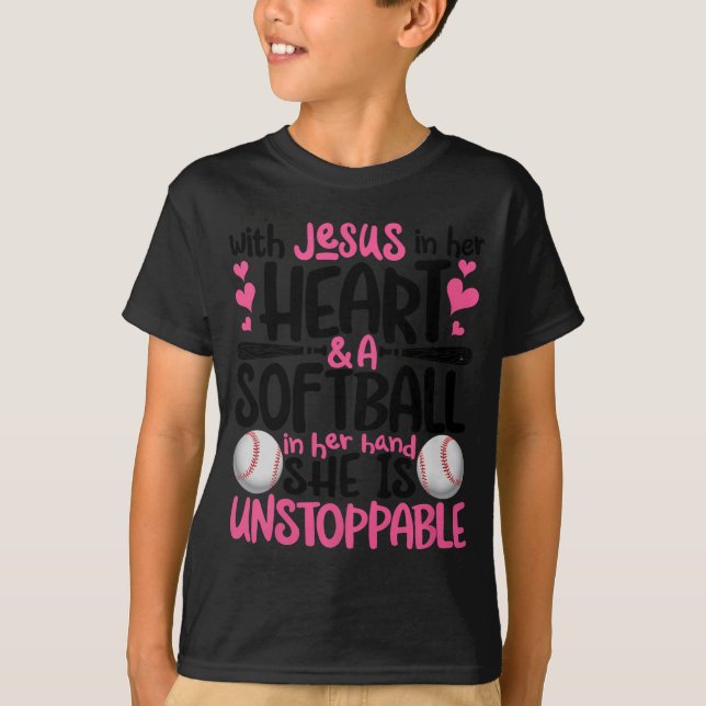 With Jesus In Her Heart And A Softball She Is Unst T Shirt (Framsida)