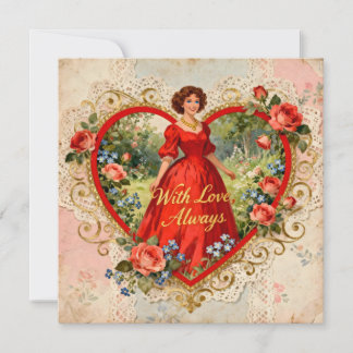 With Love Always Vintage Lady with Floral Heart Kort