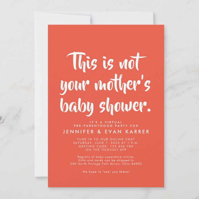 Witty virtuell babyduschinbjudan i korall (Framsida)