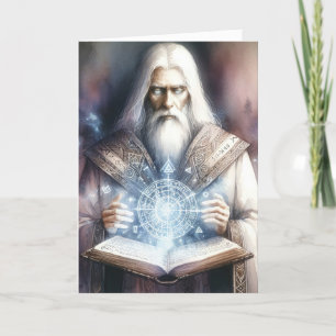 Wizard Casting från en Spellbook Fantasy Watercolo Kort