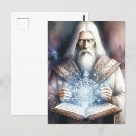 Wizard Casting från en Spellbook Fantasy Watercolo Vykort