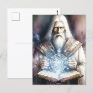 Wizard Casting från en Spellbook Fantasy Watercolo Vykort