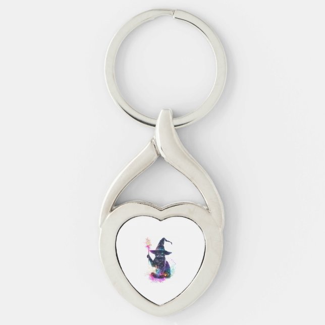 Wizard Cat Magic Twisted Heart Silverfärgad Nyckelring (Framsidan)