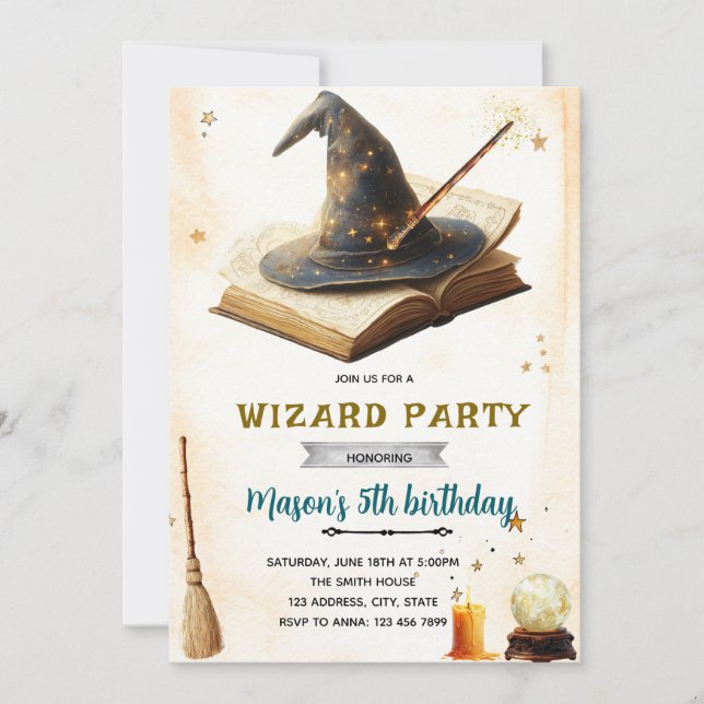 Wizard witch birthday party invitation inbjudningar (Framsida)