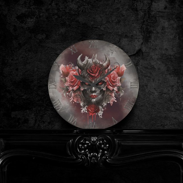 Wizardry | Mörk Horned Demon med Glowing Red Ögon Rund Klocka (Skapare uppladdad)