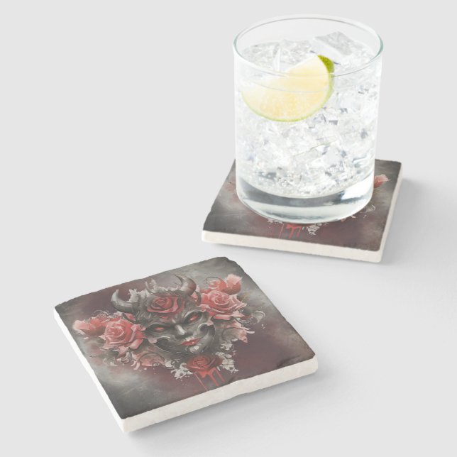 Wizardry | Mörk Horned Demon med Glowing Red Ögon Stenunderlägg (Sidan)