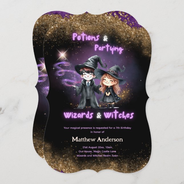 Wizards and Witches Son's Daughters Birthday Magic Inbjudningar (Fram/baksida)