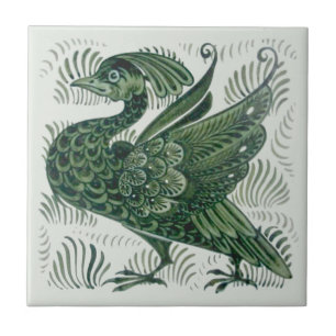 Wm De Morgan Grönt Bird Arts & Crafts Tile (Höge Kakelplatta