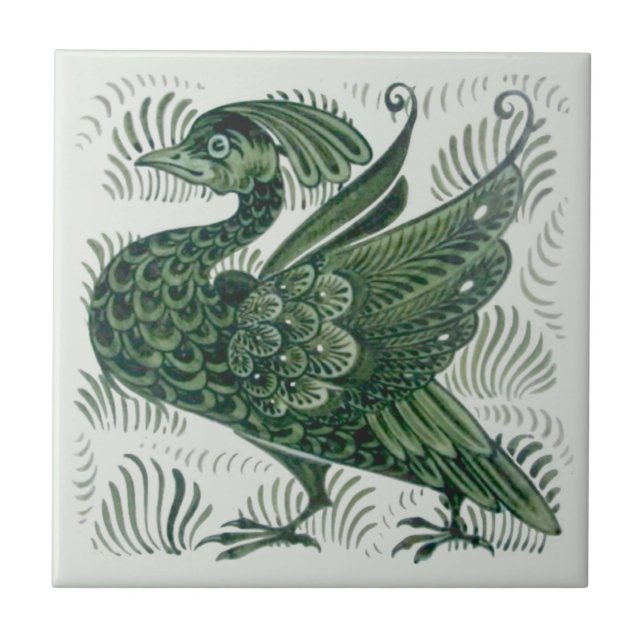 Wm De Morgan Grönt Bird Arts & Crafts Tile (Höger) Kakelplatta (Framsidan)