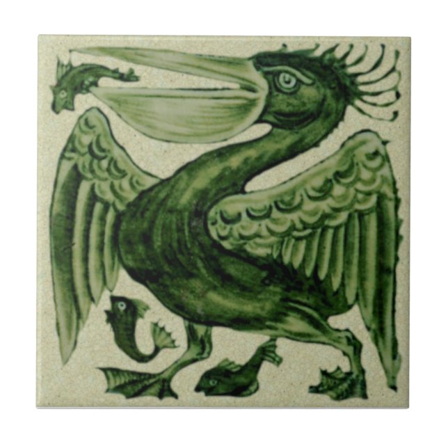 Wm De Morgan Grönt Pelican Repro Ceramic Tile Kakelplatta (Framsidan)