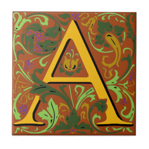 Wm Morris Ornate Brev ’A’ Initial Ceramic Tile Kakelplatta