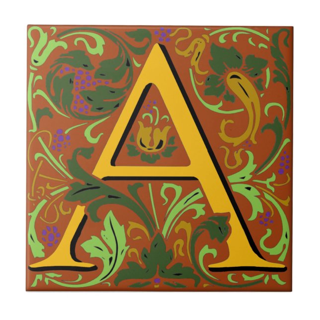 Wm Morris Ornate Brev ’A’ Initial Ceramic Tile Kakelplatta (Framsidan)
