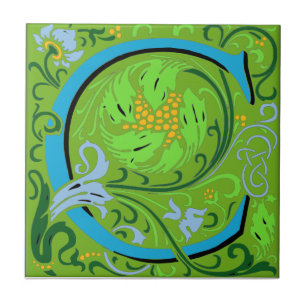 Wm Morris Ornate Brev ’C’ Initial Ceramic Tile Kakelplatta