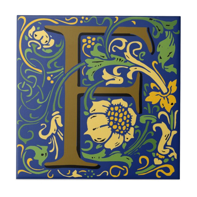 Wm Morris Ornate Brev ’F’ Initial Ceramic Tile Kakelplatta (Framsidan)