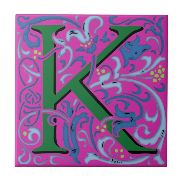 Wm Morris Ornate Brev ’K’ Initial Ceramic Tile Kakelplatta (Framsidan)