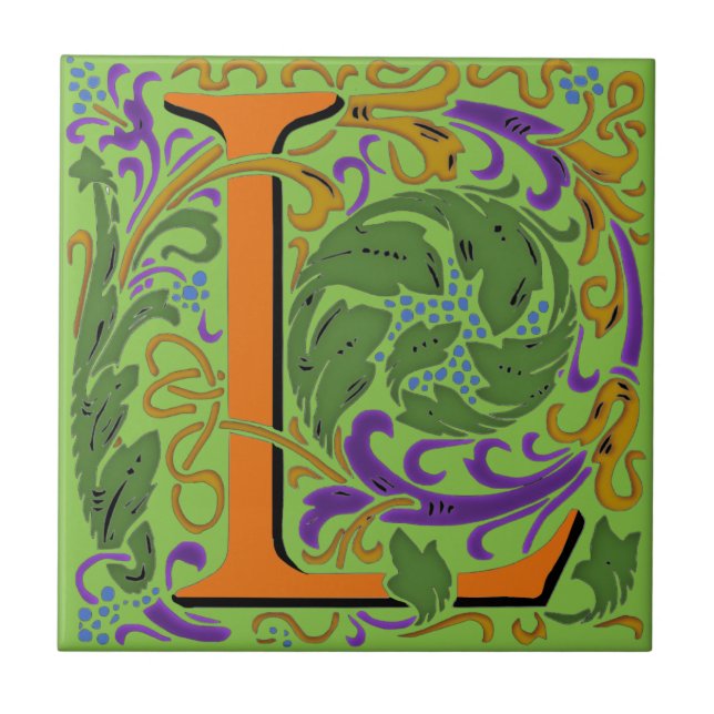 Wm Morris Ornate Brev ’L’ Initial Ceramic Tile Kakelplatta (Framsidan)