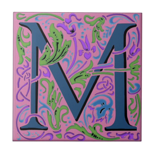 Wm Morris Ornate Brev ’M’ Initial Ceramic Tile Kakelplatta (Framsidan)