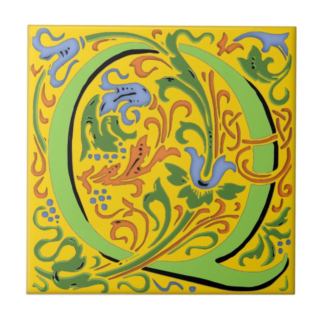 Wm Morris Ornate Brev ’Q’ Initial Ceramic Tile Kakelplatta (Framsidan)