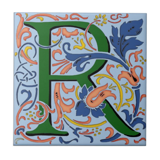 Wm Morris Ornate Brev ’R’ Initial Ceramic Tile Kakelplatta (Framsidan)
