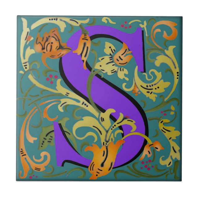 Wm Morris Ornate Brev ’S’ Initial Ceramic Tile Kakelplatta (Framsidan)