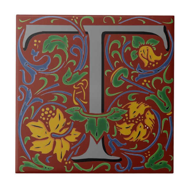 Wm Morris Ornate Brev ’T’ Initial Ceramic Tile Kakelplatta (Framsidan)