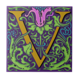 Wm Morris Ornate Initial ’V’ Brev Ceramic Tile+ Kakelplatta