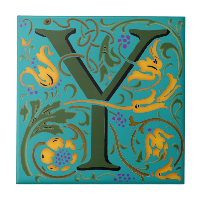 Wm Morris Ornate Initial "Y" Brev Ceramic Tile Kakelplatta (Framsidan)