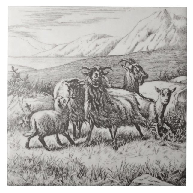 Wm Wise Minton Boskap Goats Tile Repro c1879 Kakelplatta (Framsidan)
