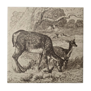 WM Wise Minton Doe & Fawn Hjort Antique Repro Sepi Kakelplatta