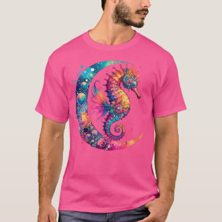 Wo Cosmic Celestial Seahorse Boho Moon T Shirt