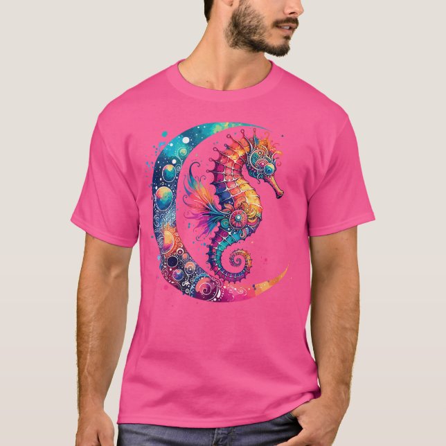 Wo Cosmic Celestial Seahorse Boho Moon T Shirt (Framsida)