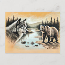 Wolf and Bear Meet by River Vykort