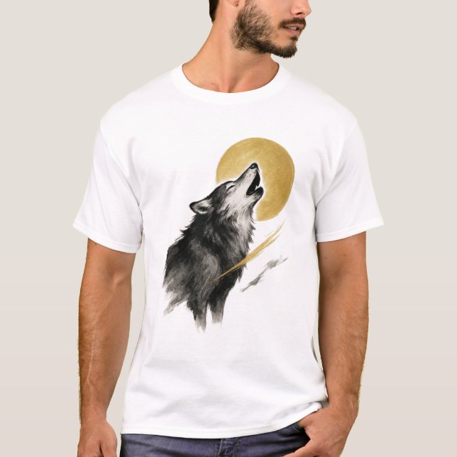 【Wolf and Moon Japanese Ink Art T-Shirt】 T Shirt (Framsida)