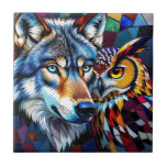 Wolf and Owl Vibrant and Colorful  Kakelplatta<br><div class="desc">A vibrant colorful ai illustration of a wolf and an owl in a mosaic stained glass effect. A nice wall tile for those who love wildlife.</div>