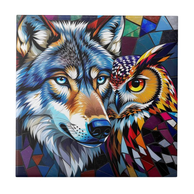 Wolf and Owl Vibrant and Colorful  Kakelplatta (Framsidan)