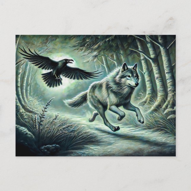 Wolf and Raven in Moonlight Vykort (Framsida)