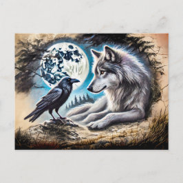 Wolf and Raven on Rock at Full Moon Vykort